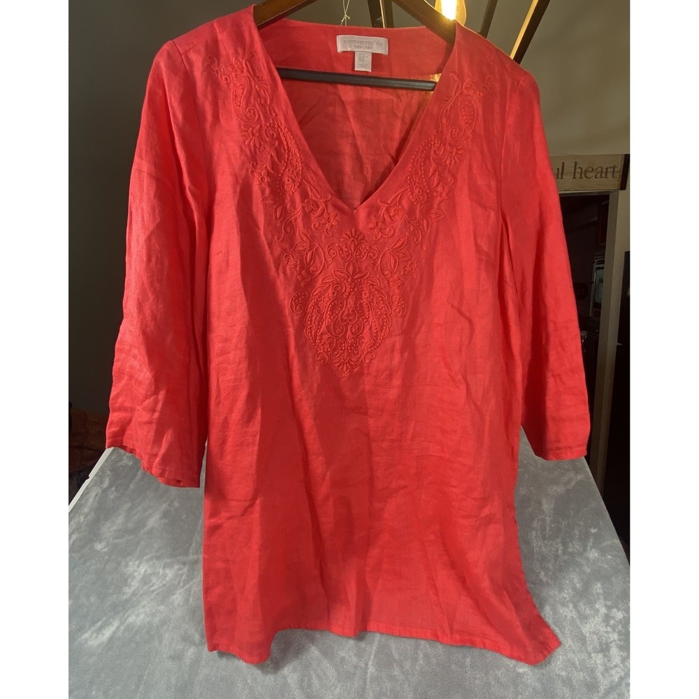 St. Tropez West Pink Embroidered 100% Linen Tunic Top‎ Medium Beach Resortwear